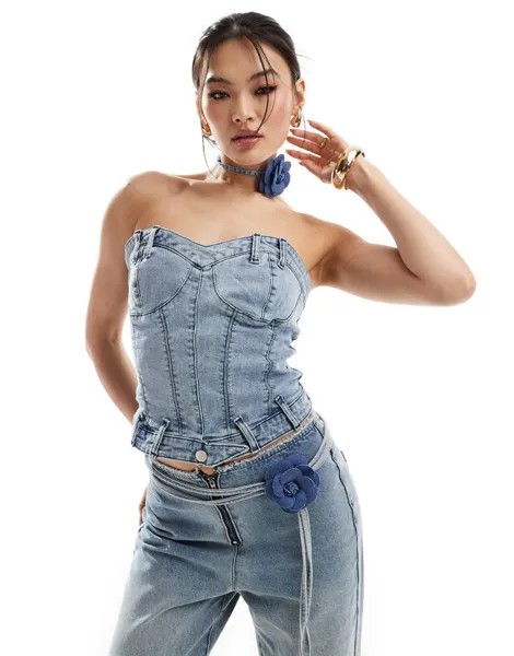 Голубой топ-бюстье с мягкой подкладкой и цветочным колье SIMMI Simmi Clothing