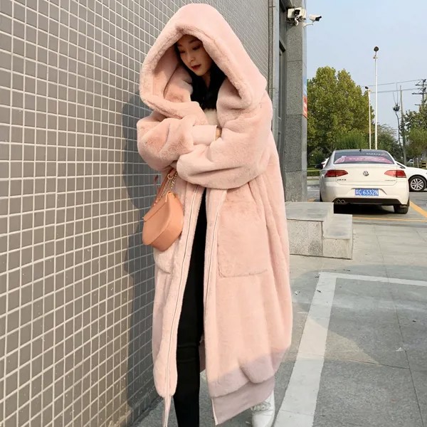 Высококачественные толстовки Nowsaa, длинное розовое пальто из искусственного меха, утолщенное элегантное женское зимнее пальто из кроличьег...