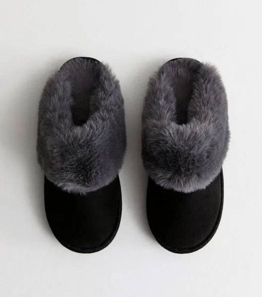 Черные замшевые тапочки-мюли с отделкой из искусственного меха New Look, черный
