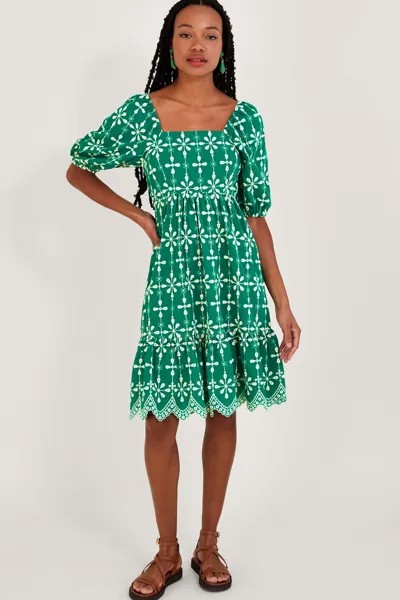 Зеленое короткое платье из экологически чистого хлопка с рукавами-фонариками и вышивкой Monsoon, зеленый