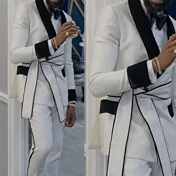 2022 смокинг для жениха с белым узором на заказ, двубортные мужские костюмы с поясом, Свадебный Мужской лучший костюм (пиджак + брюки), мужской костюм
