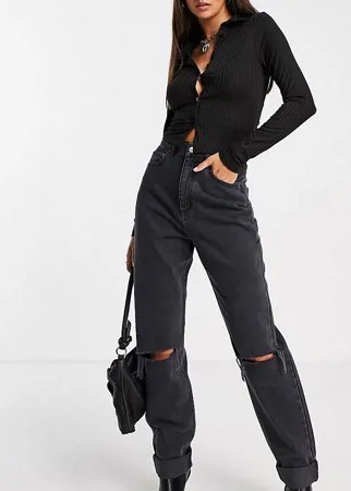 Свободные джинсы с завышенной талией в винтажном стиле выбеленного черного цвета со рваными разрезами ASOS DESIGN Tall-Черный цвет