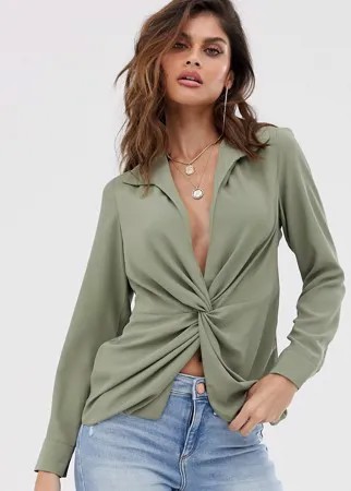 Рубашка с длинными рукавами и декоративным узлом ASOS DESIGN-Зеленый
