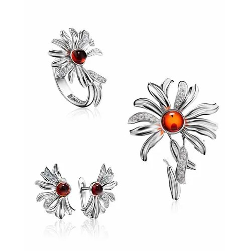 Комплект бижутерии AmberHandmade: кольцо, брошь, серьги, янтарь, бордовый