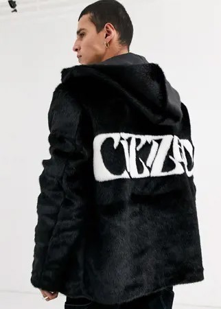 Короткая шуба из искусственного меха с принтом на спине ASOS DESIGN-Черный