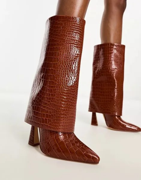 Светло-коричневые лакированные сапоги под крокодила Simmi London Rayan со складками на каблуке SIMMI Shoes