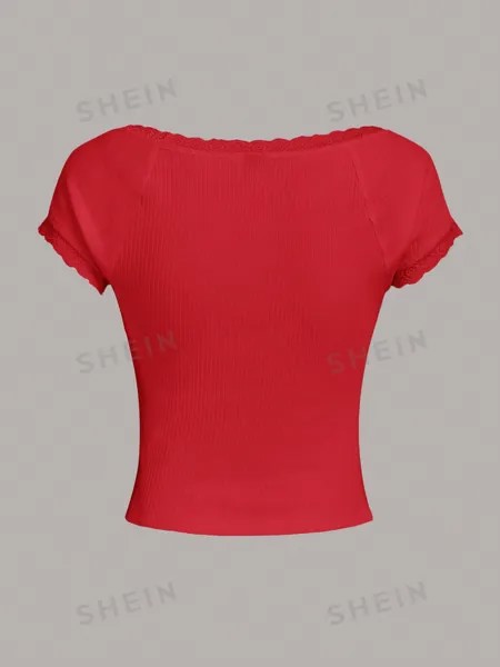 SHEIN Qutie Женская трикотажная футболка с короткими рукавами и кружевным краем, красный