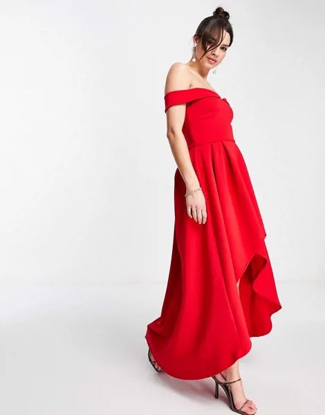 Красное платье макси с асимметричным подолом и открытыми плечами True Violet-Красный