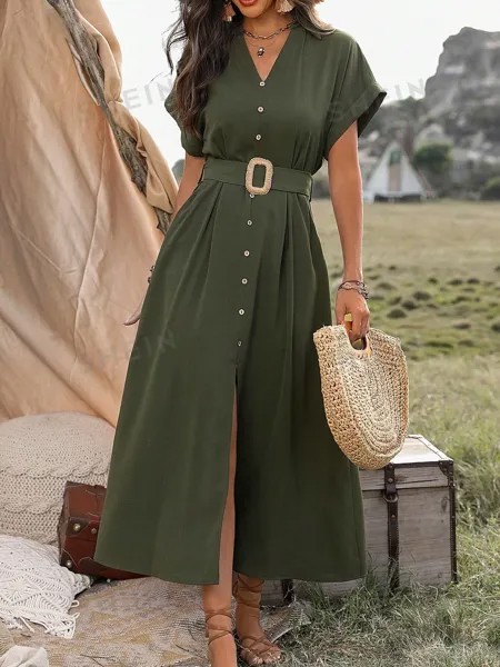 SHEIN LUNE Платье с V-образным вырезом и рукавами «летучая мышь» на пуговицах спереди, армейский зеленый