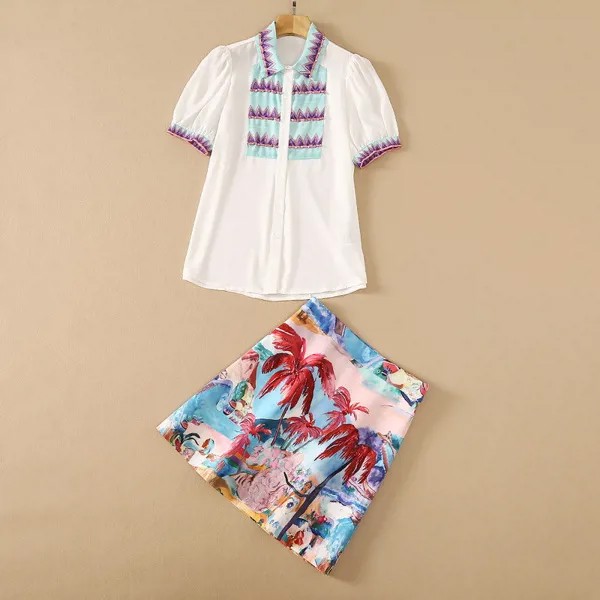 Женская одежда в европейском и американском стиле на лето 2021, рубашка с короткими рукавами и бисером, юбка с кокосовым принтом, модные костю...