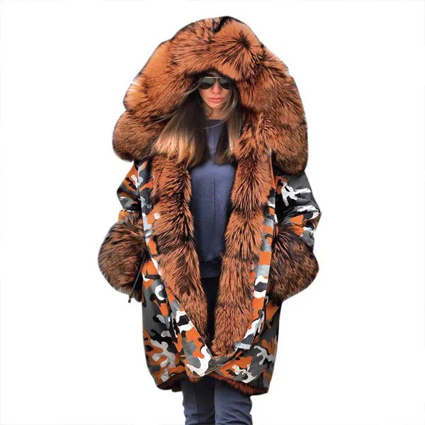 Зимняя женская камуфляжная куртка средней длины, плотные парки, пальто с искусственным мехом, куртка с подкладкой Женское пальто и парки