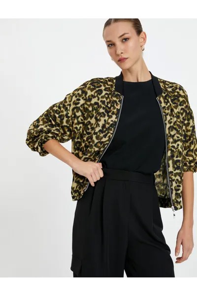 Куртка-бомбер с леопардовым узором и карманом на молнии Koton, хаки