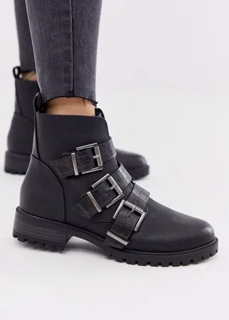 Черные ботинки на плоской подошве с ремешками New Look-Черный