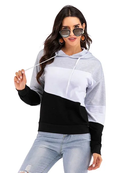 Milanoo Women\'s Hoodie Grey Long Sleeves Color Block Cotton Classic Winter Hooded Sweatshirt