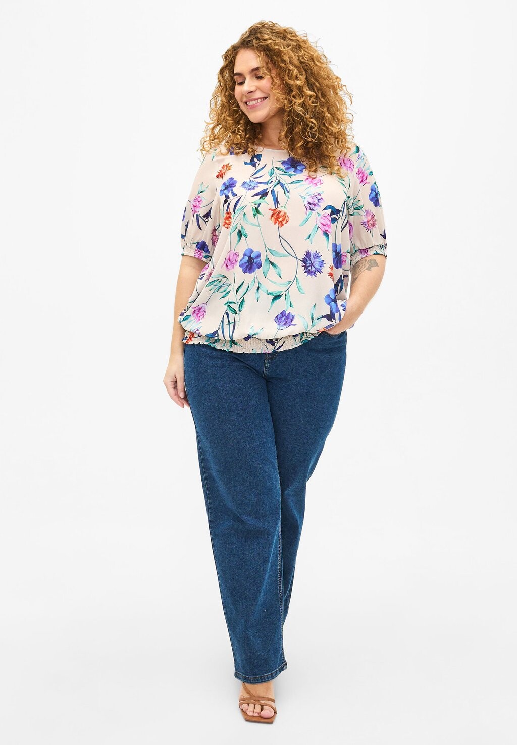 Блузка Floral With Smock Zizzi, сливочно-синий fl