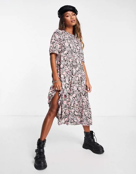 Свободное платье мини с цветочным принтом розового цвета Vero Moda-Разноцветный