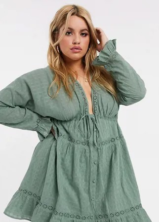 Свободное платье мини цвета хаки на пуговицах с кружевной вставкой ASOS DESIGN Curve-Зеленый