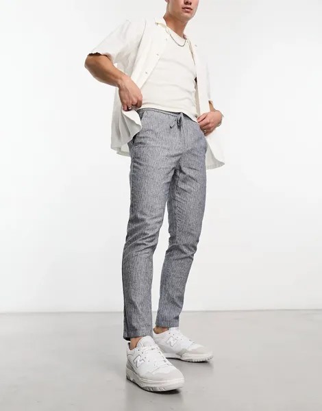 Брюки Only & Sons Tapered Fit Linen Mix In Stripe, серо-синий