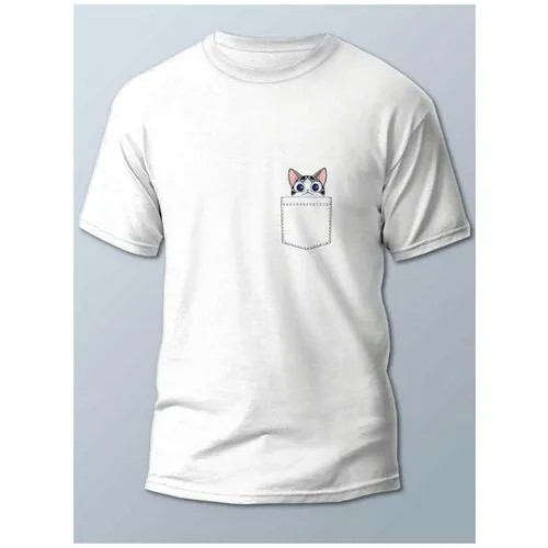 Футболка мужская белая Разное Карман (кот, животные в кармане) - 21896