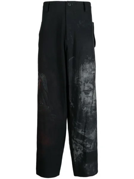 Широкие брюки с графичным принтом Yohji Yamamoto, черный