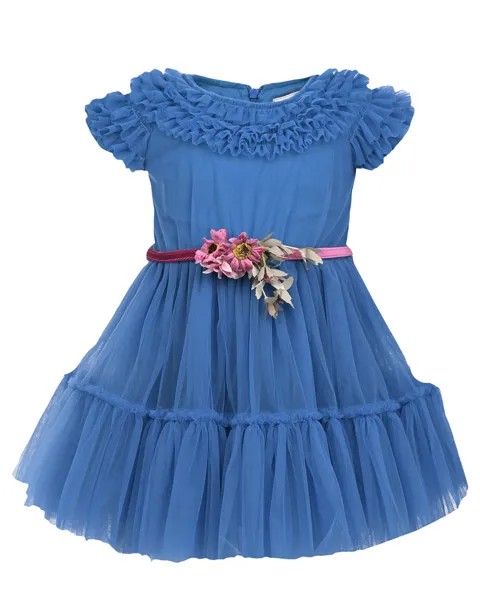 Синее платье с рюшами и поясом с цветами Monnalisa детское