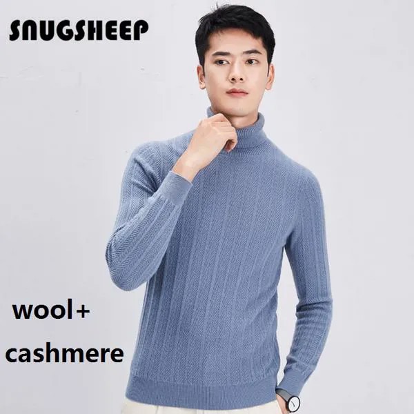 Синий кашемировый свитер с воротником «хомут», мужские зимние вязаные пуловеры в полоску, белые свитера, джемпер, корейская модная одежда, п...