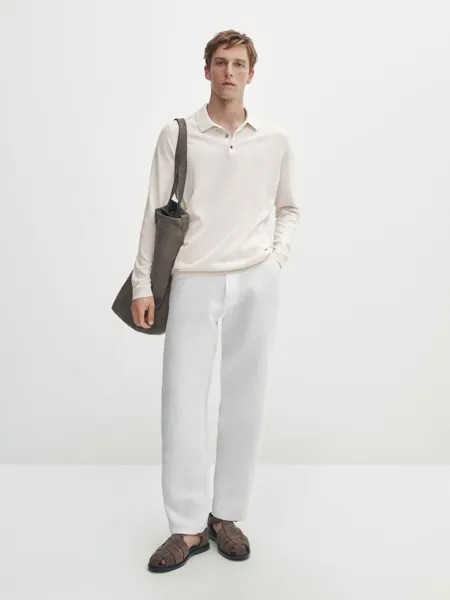 Вязаный свитер с воротником-поло Massimo Dutti, бежевый
