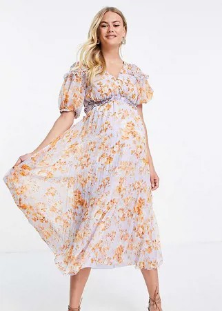 Плиссированное платье миди со сборками, цветочным принтом и пышными рукавами ASOS DESIGN Maternity-Разноцветный