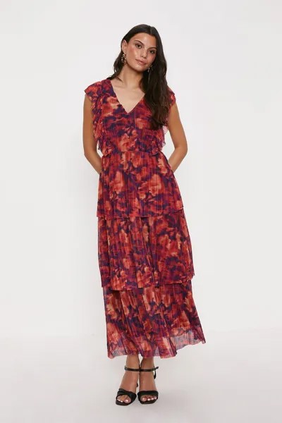 Многоуровневое платье миди с плиссированной оборкой и рукавами Burnout с цветочным принтом Oasis, фиолетовый