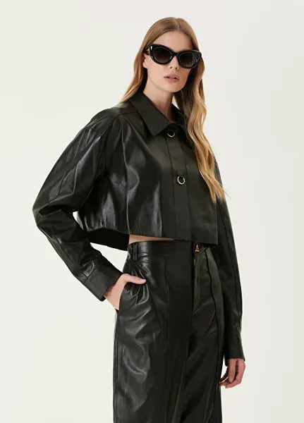 Черная укороченная кожаная куртка с классическим воротником Aeron