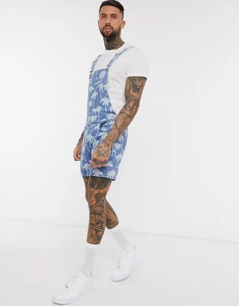 Короткий джинсовый комбинезон с принтом пальм ASOS DESIGN-Мульти