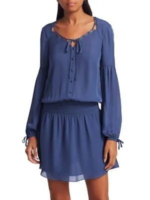 PARKER Женское синее мини-блузонное платье с длинными рукавами и вырезом в форме сердца S