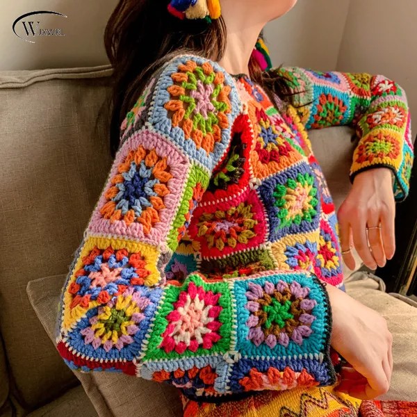 Новинка 2020, Мексиканский вязаный крючком свитер ручной работы, разноцветный хлопковый Универсальный облегающий топ в этническом стиле
