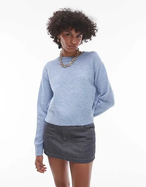 Голубой вязаный джемпер Topshop – с круглым вырезом, рукавами реглан и видимыми швами