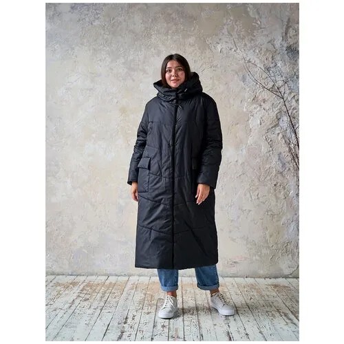 Пальто  Modress зимнее, силуэт прямой, удлиненное, размер 48, черный