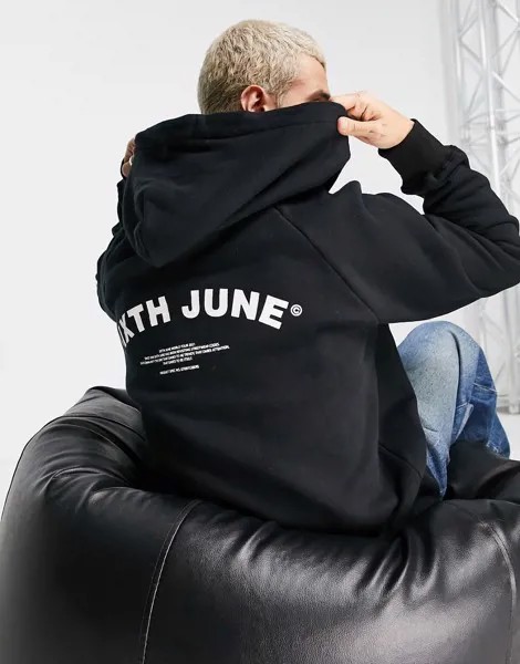 Худи черного цвета с изогнутым логотипом на спине Sixth June-Черный