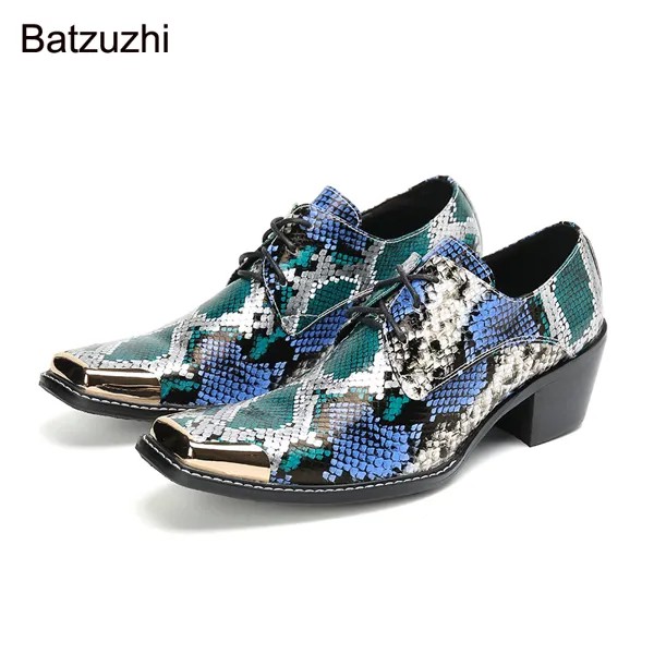 Туфли Batzuzhi мужские на высоком каблуке 6 см, серебристые кожаные классические туфли с железным носком, со змеиным узором, на шнуровке, для вечерние НКИ, свадьбы