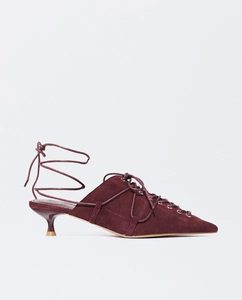Однотонные женские кожаные туфли-лодочки с пяткой на шнуровке и регулируемым ремешком. Parfois, бордо