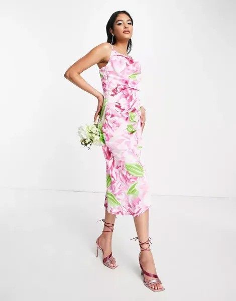 Зелено-розовое атласное платье миди с запахом и ликерным цветочным принтом Liquorish