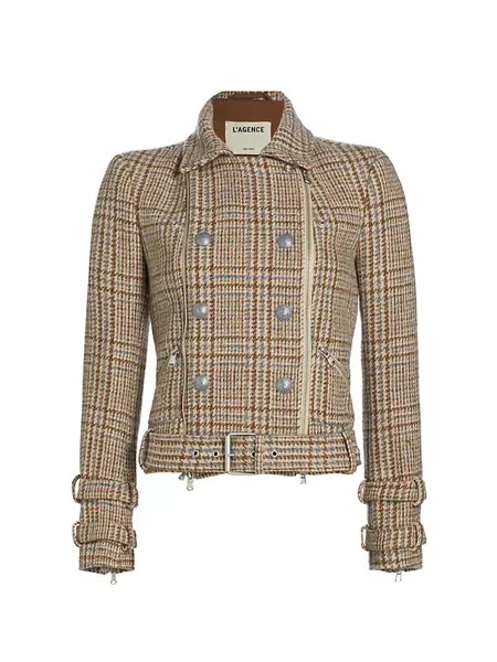 Шерстяная куртка Billie в клетку с поясом L'Agence, цвет beige blue plaid