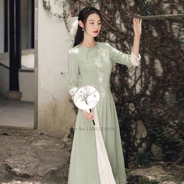2022 современное платье Чонсам аозай Вьетнам, Восточное женское платье Ципао с цветочным принтом, вечернее платье, вьетнамское платье аозай