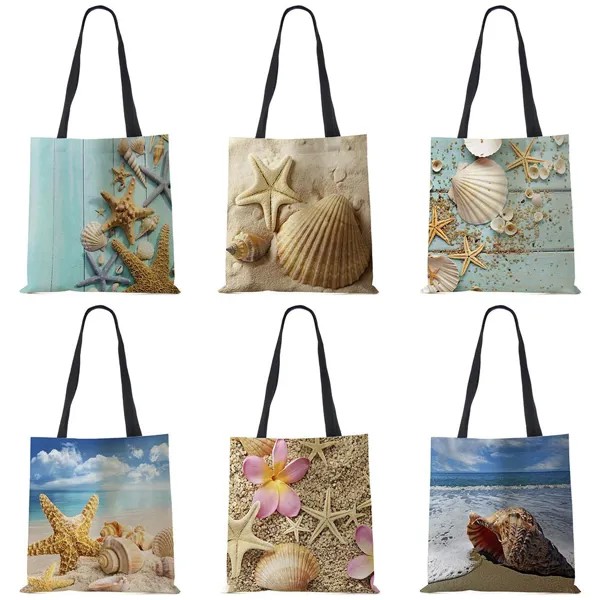Дамы плечо мешок Голубой океан Starfish Пляж песок Печати Tote Сумка льняной ткань Красивая повседневная практическая сумочка