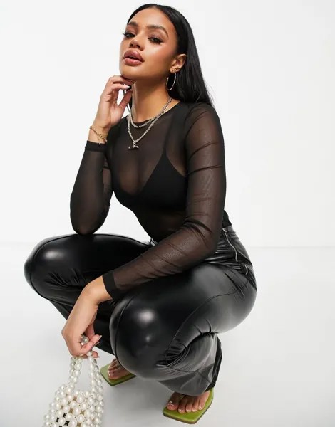 Черное сетчатое боди с длинными рукавами ASOS DESIGN