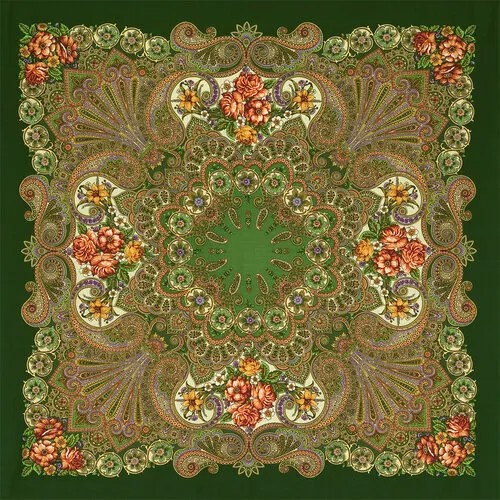 Платок Павловопосадская платочная мануфактура,148х148 см, коричневый, зеленый