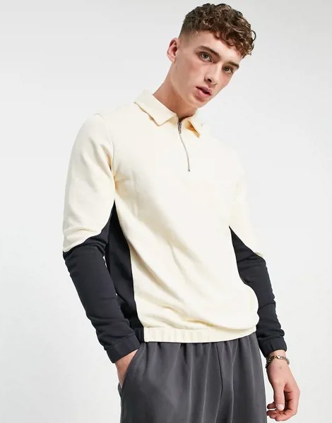 Oversized-свитшот в стиле колор-блок с воротником поло и короткой молнией ASOS DESIGN-Светло-бежевый цвет