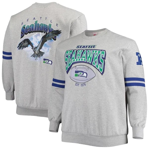 Мужской свитшот с принтом Mitchell & Ness Heathered Grey Seattle Seahawks Big & Tall со сплошным принтом