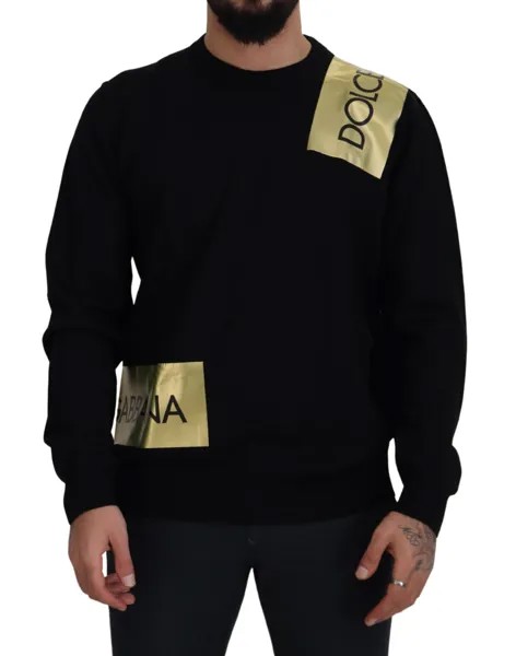 DOLCE - GABBANA Свитер, черный шерстяной пуловер с круглым вырезом и золотым логотипом, мужской IT48 /US38/M