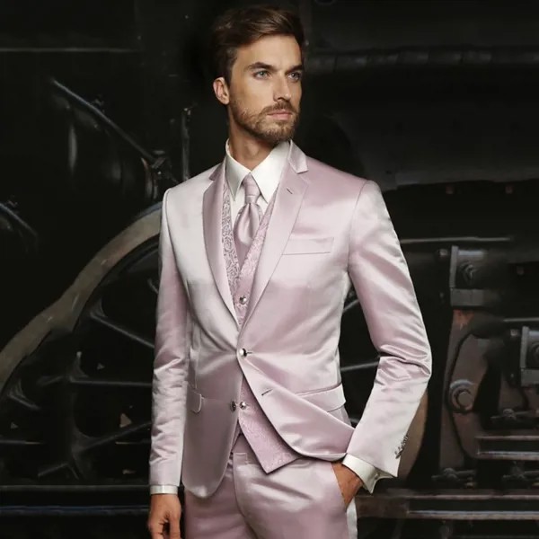 Новейший дизайн пальто и брюк, итальянские Розовые атласные Формальные Индивидуальные свадебные костюмы для мужчин, 3 предмета, облегающие костюмы для жениха