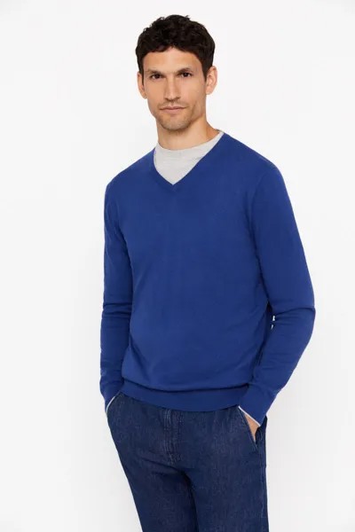 Кашемировый хлопковый свитер с V-образным вырезом Cortefiel, синий