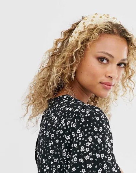 Ободок из рафии с отделкой бусинами ASOS DESIGN-Золотой